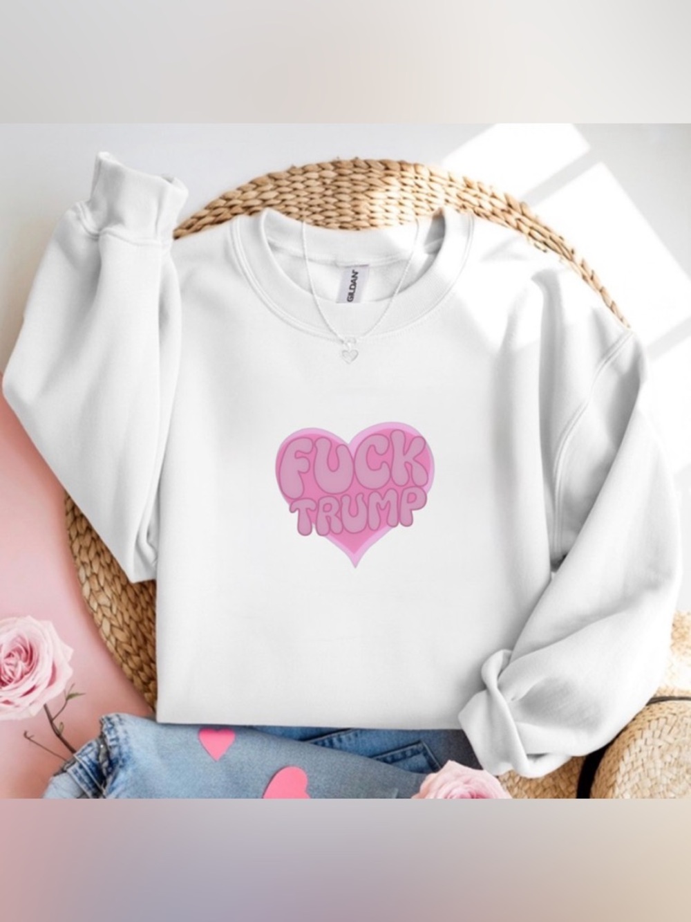 Pink Fu*k Trump Heart Crewneck Sweatshirt Political Graphic White Sweater